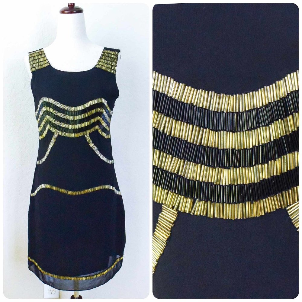 ✨️ *Romeo & Juliet* Couture Black/Gold beaded Dress - Small
